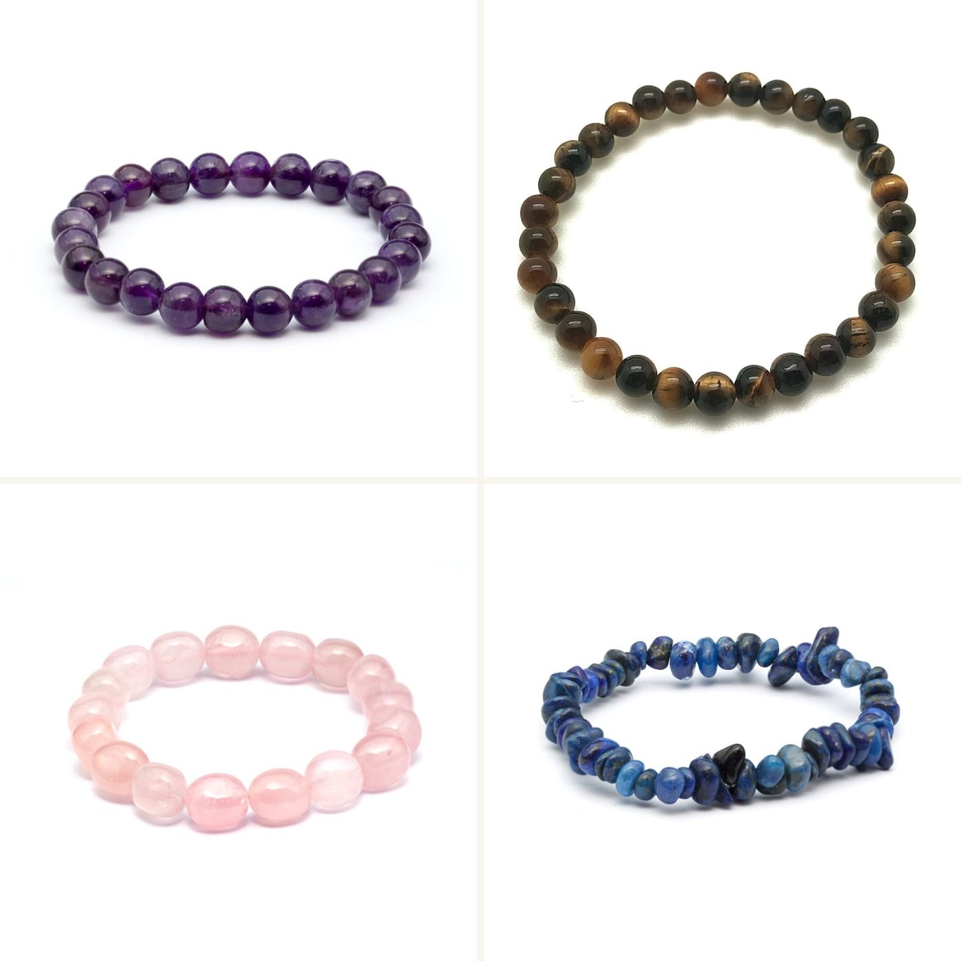 Stenarmband i natursten på elastisk tråd: ametist 8 mm, tigeröga 8 mm, trumlad rosenkvarts och lapis lazuli chips