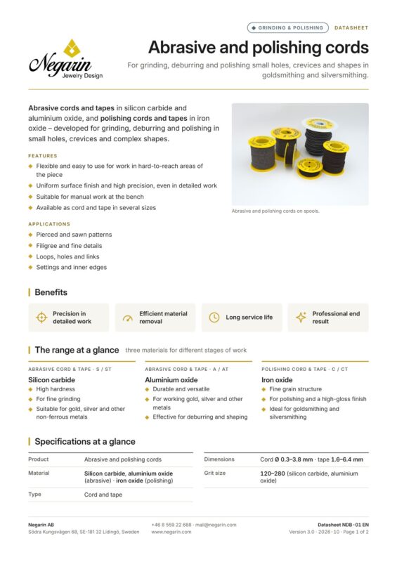 Negarin datasheet NDB-01 Abrasive and polishing cords, page 1: features, applications, benefits, the silicon carbide, aluminium oxide and iron oxide series and specifications