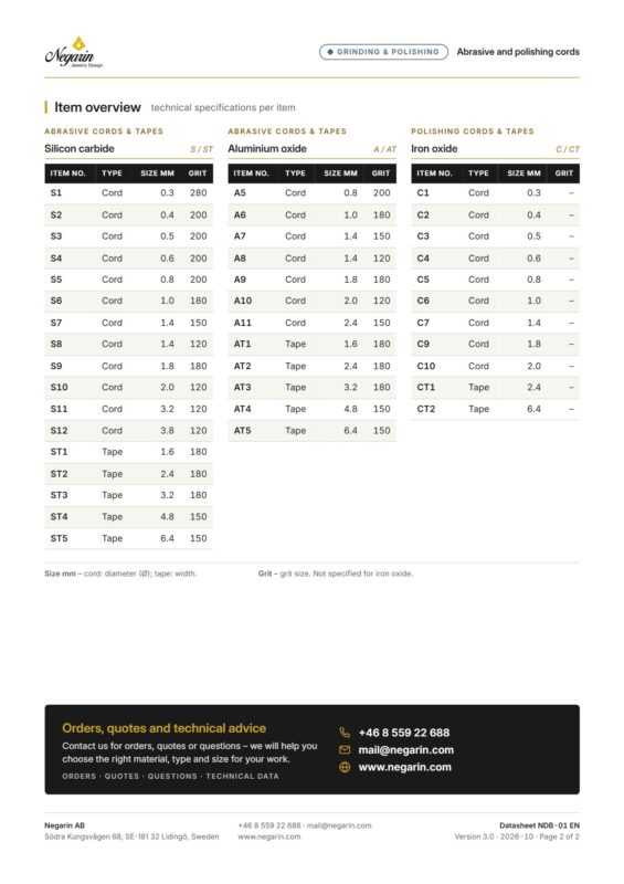 Negarin datasheet NDB-01 Abrasive and polishing cords, page 2: item overview of abrasive cords and tapes (silicon carbide, aluminium oxide) and polishing cords and tapes (iron oxide)